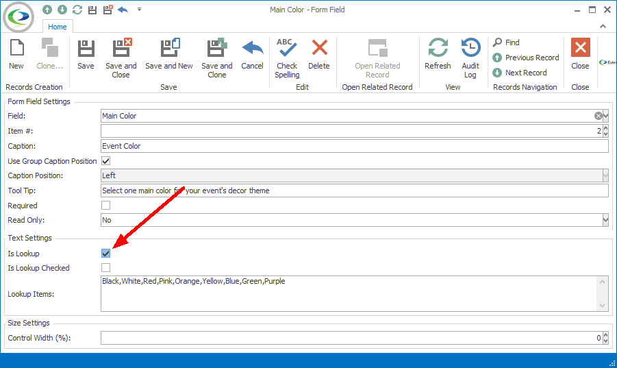 Screenshot of Form Field edit form, pointing to selected Is Lookup checkbox. 