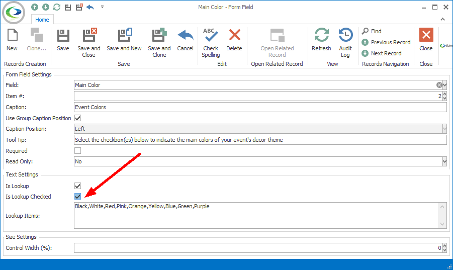 Screenshot of Form Field edit form, pointing to selected Is Lookup Checked checkbox. 