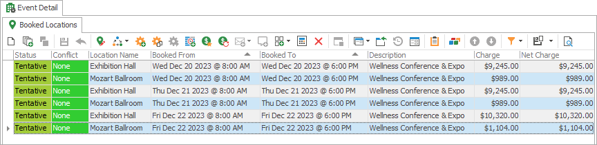 Screenshot of Event's Booked Locations tab with multiple records selected. 