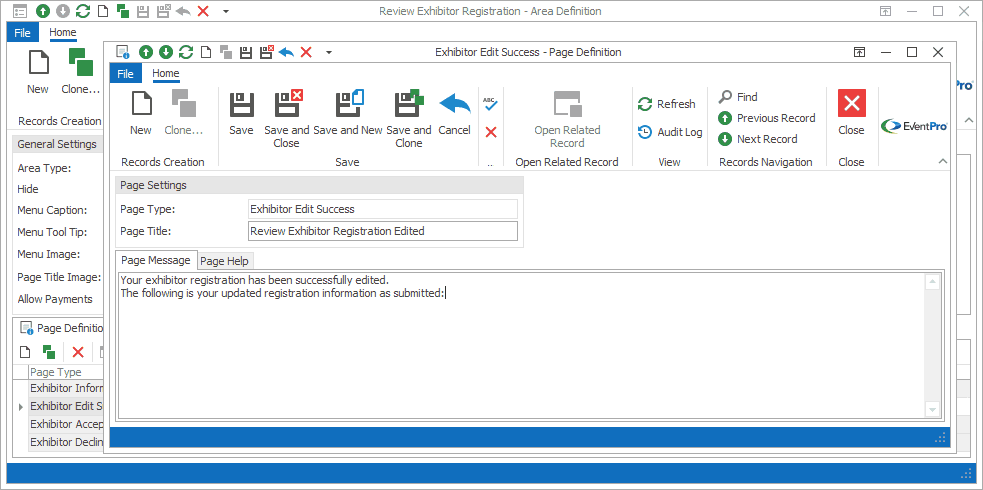 Screenshot of Exhibitor Edit Success Page Definition edit form. 