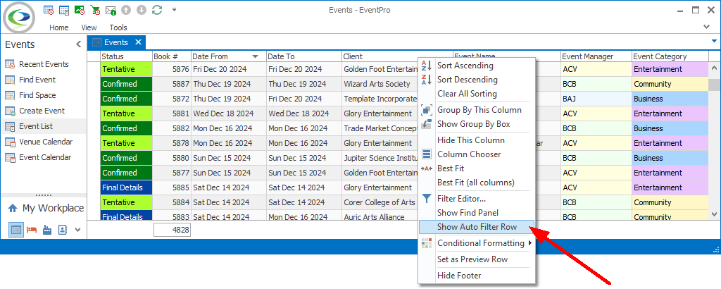 Screenshot of selection grid, displaying right-click speed menu from column headers, selecting Show Auto Filter Row command. 