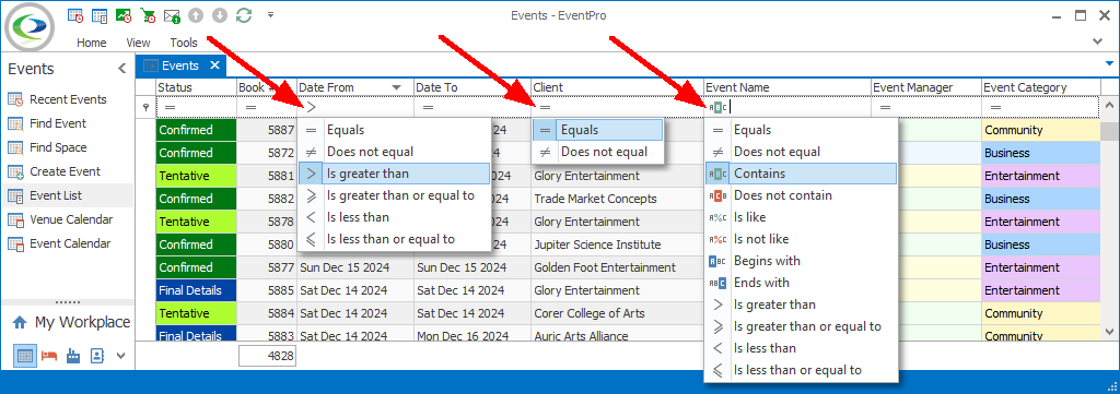 Figure 37: Selecting Operator in Auto Filter Row 