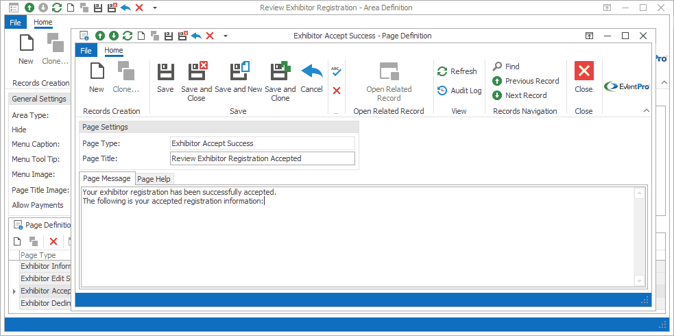 Screenshot of Exhibitor Accept Success Page Definition edit form. 