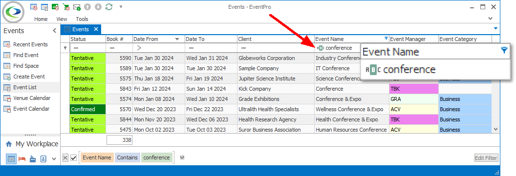 Screenshot of selection grid filtered by text using Auto Filter Row. 