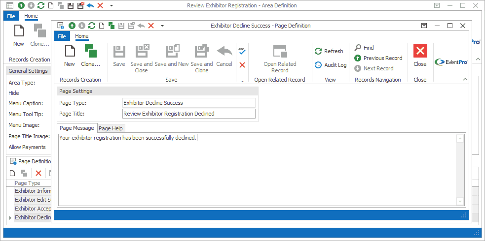Screenshot of Exhibitor Decline Success Page Definition edit form. 