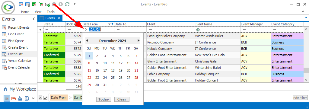 Screenshot of selection grid filtered by date using Auto Filter Row. 