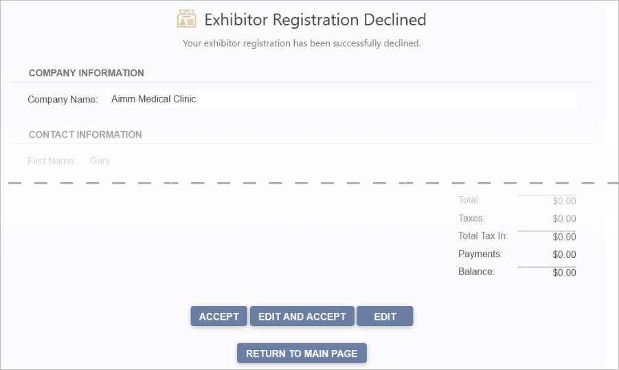 Sample Exhibitor Registration Declined page after exhibitor declines registration information. 