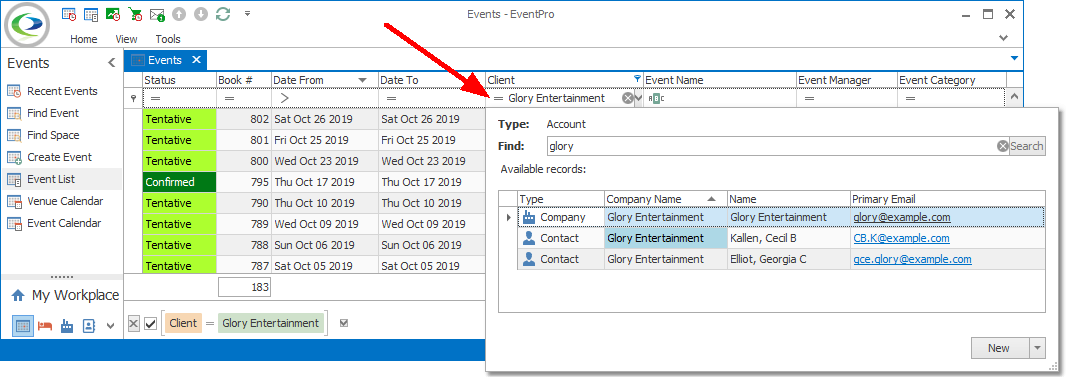 Screenshot of selection grid filtered by selected record using Auto Filter Row. 