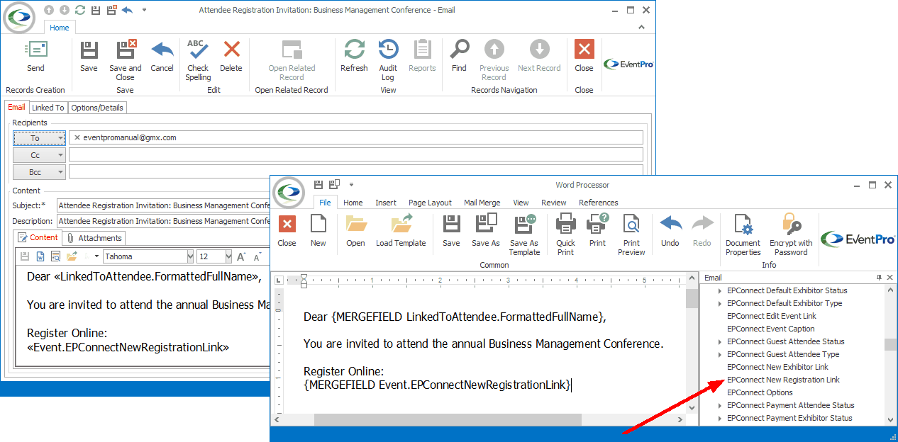 Screenshot of EventPro Word Processor opened over Email edit form, pointing to Merge Field added to content. 