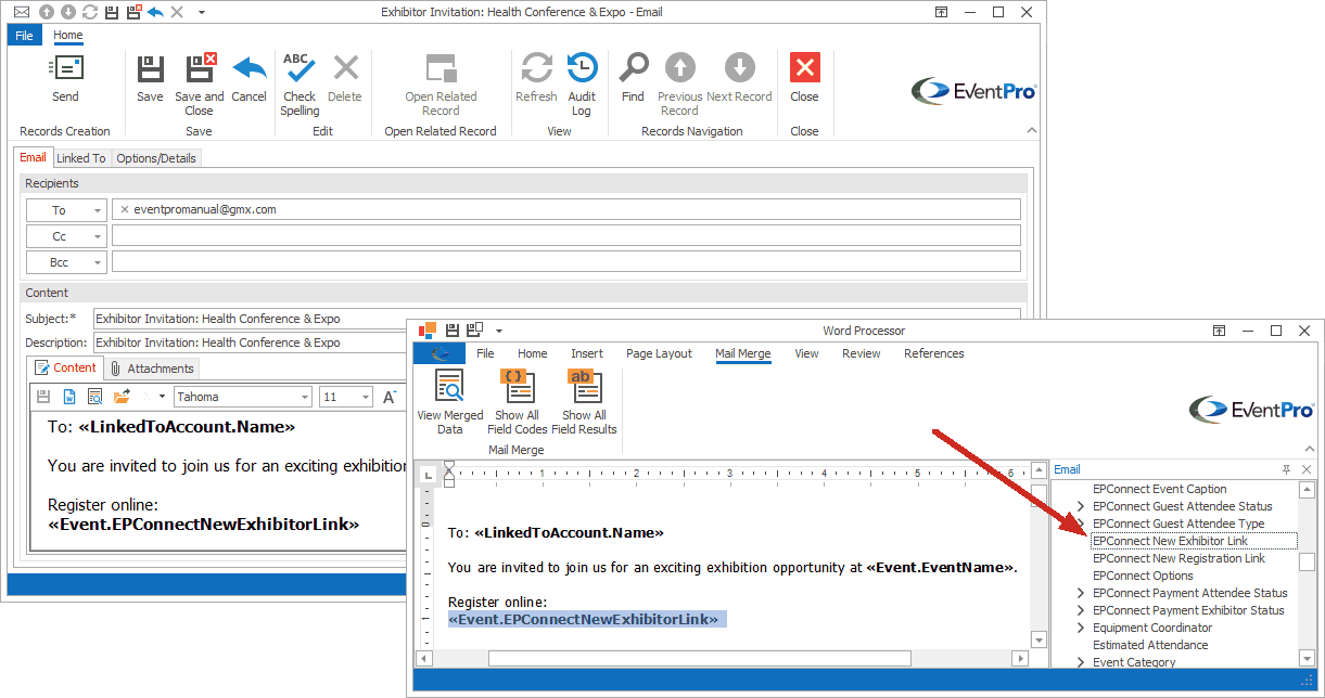 EventPro email demonstrating New Exhibitor link merge field added from Email merge table. 