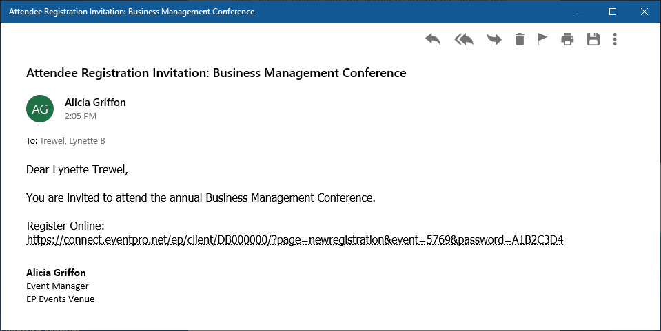 Screenshot of sample email demonstrating New Attendee link merge field with values pulled from Event. 