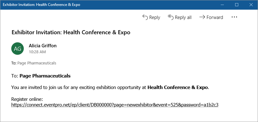 Email demonstrating New Exhibitor link merge field with values pulled from Event. 