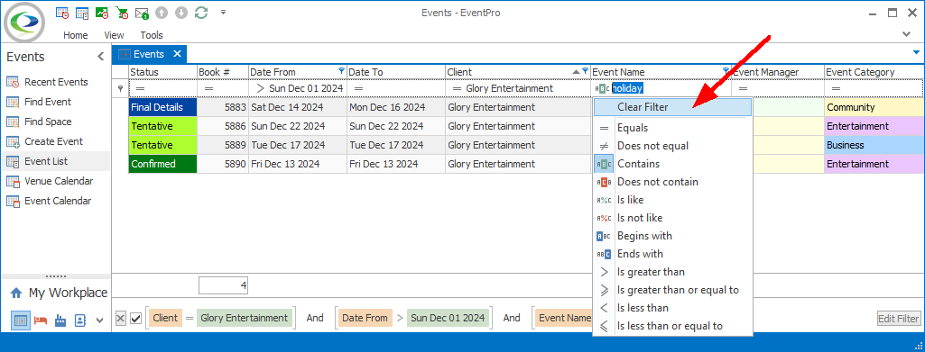Screenshot of operator drop-down list from selection grid's Auto Fitler Row, pointing to Clear Filter command. 