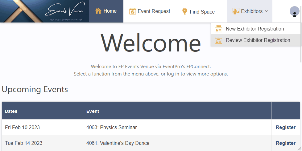 Screenshot of sample EPConnect home page with Exhibitors menu opened. 