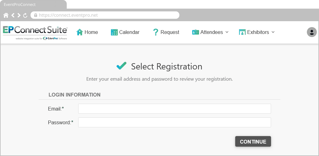 Screenshot of EPConnect Attendee Select Registration page online.