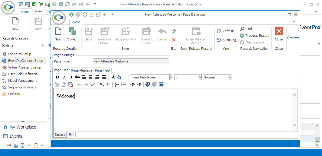 Screenshot of Welcome Page Definition from New Attendee Registration Area Definition. 