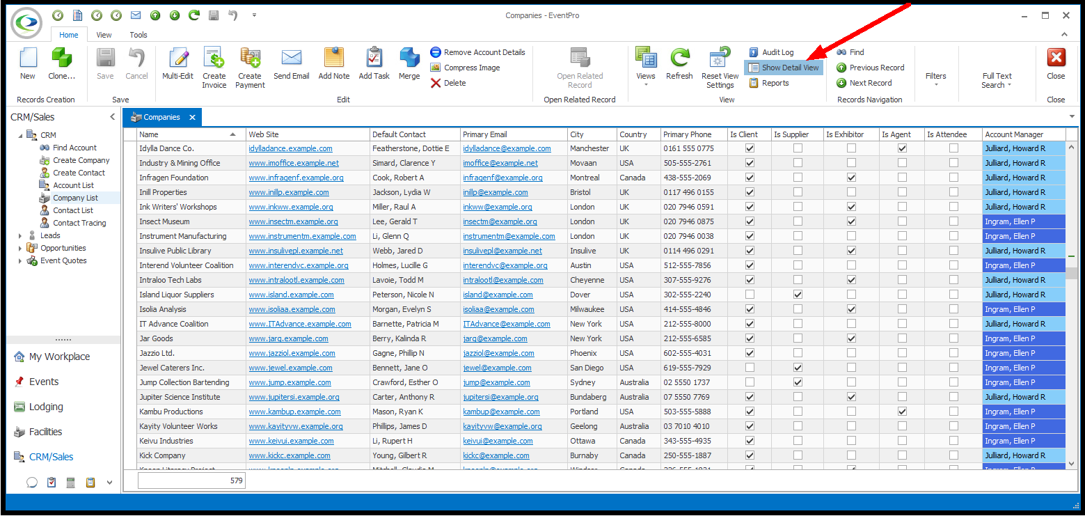 Screenshot of Company List with Detail View hidden, and Show Detail View on toggle button