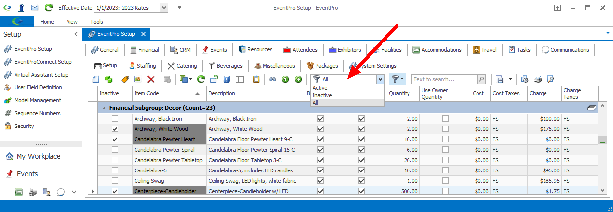 Screenshot of Setup Resource selection grid, pointing to Filter drop-down with options Active, Inactive, and All. 
