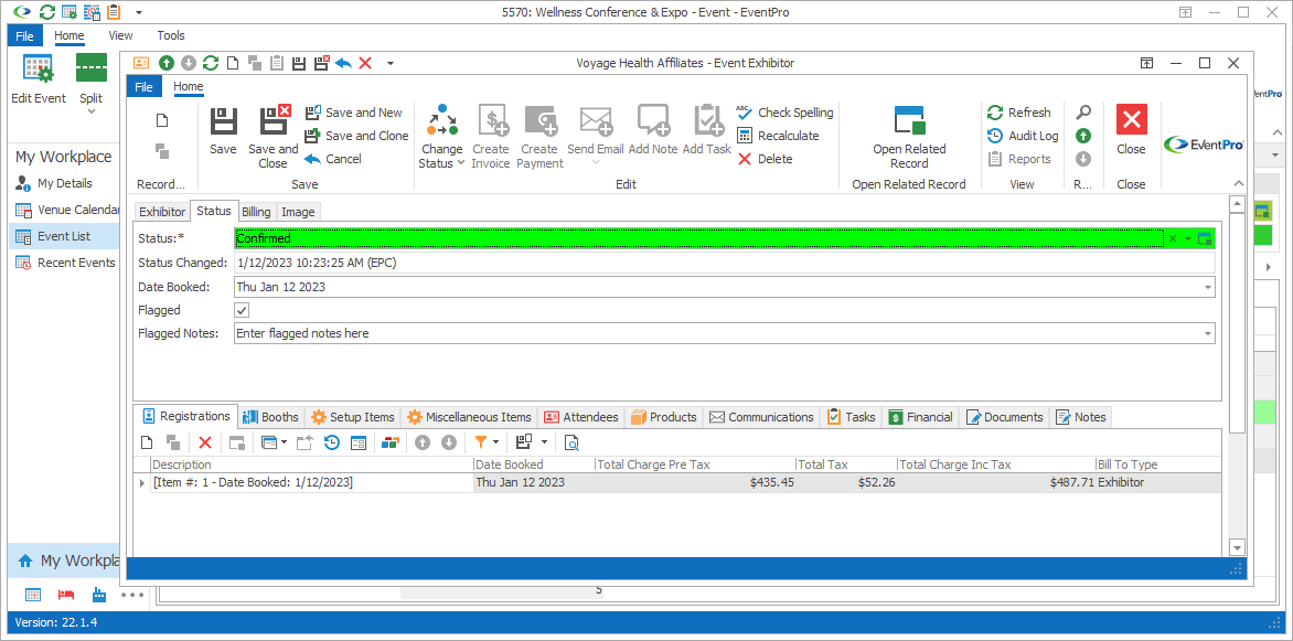 Screenshot of Event Exhibitor edit form opened to Status tab. 