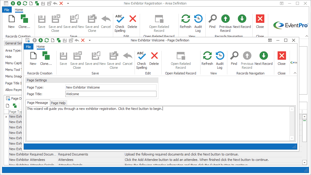 Screenshot of Welcome Page Definition from Exhibitor New Registration Area Definition. 