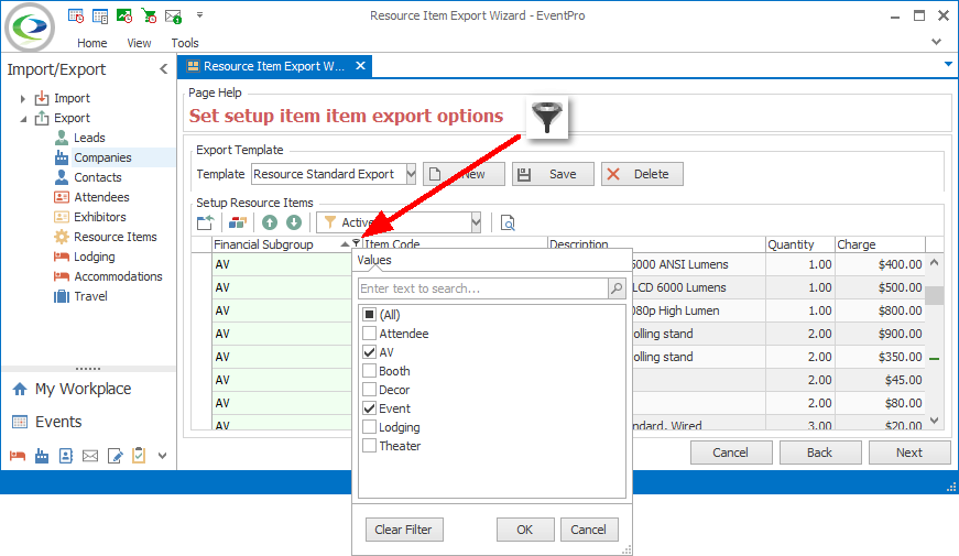 Screenshot of Export Wizard, displaying Checkbox Column Filter. 