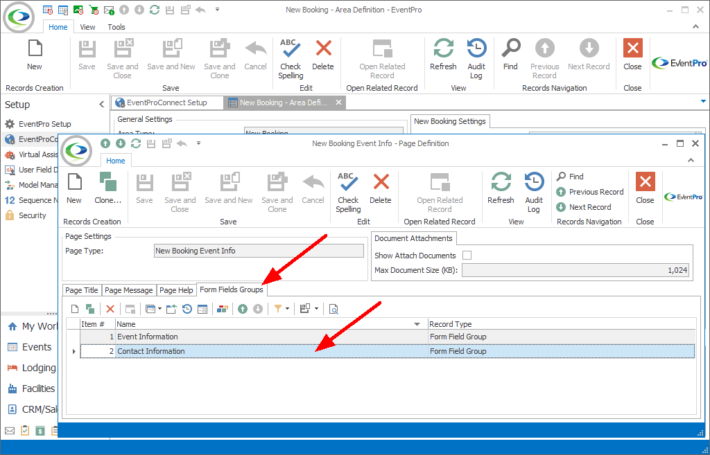 Screenshot of New Booking Event Info Page Definition edit form. 