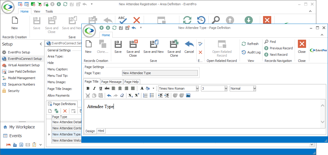 Screenshot of Page Definition edit form, opened from Area Definition edit form. 