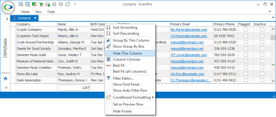 Screenshot of Contacts selection grid, speed menu with Hide This Column command. 