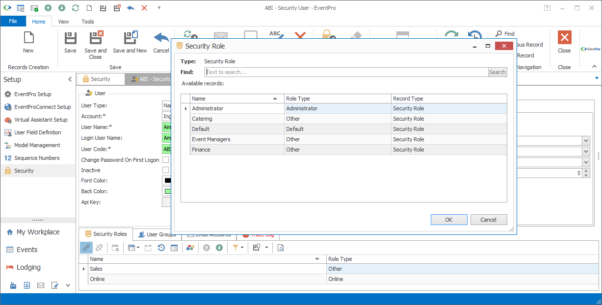 Screenshot of User Security Role selection window. 