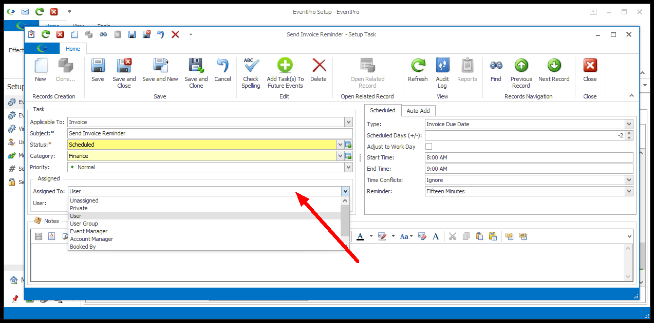 Screenshot of Setup Task edit form, pointing to Assigned To drop-down list. 