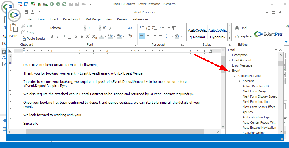 Screenshot of Word Processor, pointing to expanded merge field entries. 
