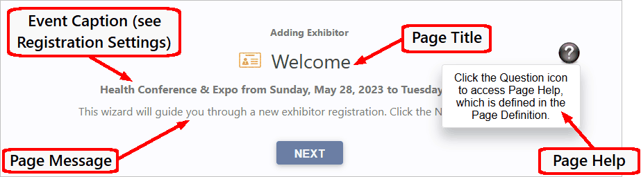 Sample of New Exhibitor Welcome page with page definition components labelled.