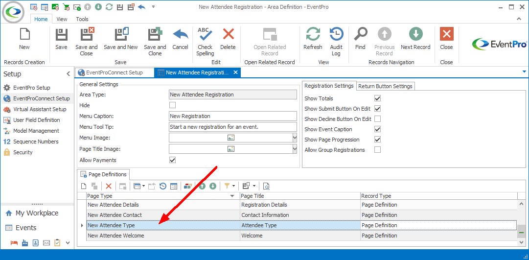 Screenshot of Area Definition edit form, pointing to Page Definition under tab. 