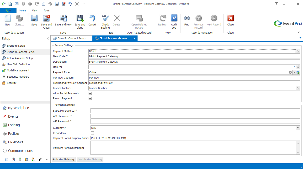 Payment Gateway Definition edit form for BPoint