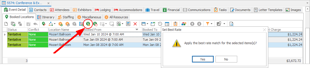 Screenshot of Event's Booked Locations tab, pointing to Set Best Rate button. 