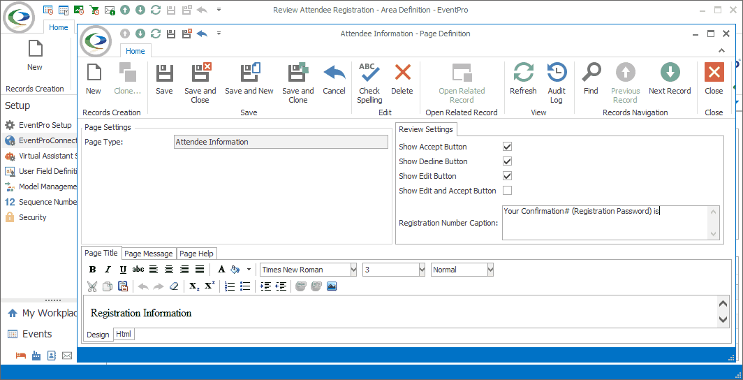 Screenshot of Attendee Information Page Definition edit form opened from Review Attendee Registration Area Definition edit form. 