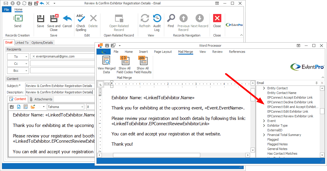 EventPro email demonstrating Review Exhibitor link merge field added from Email merge table. 