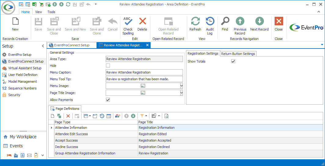 Screenshot of Review Attendee Registration Area Definition edit form opened from EPConnect Setup. 