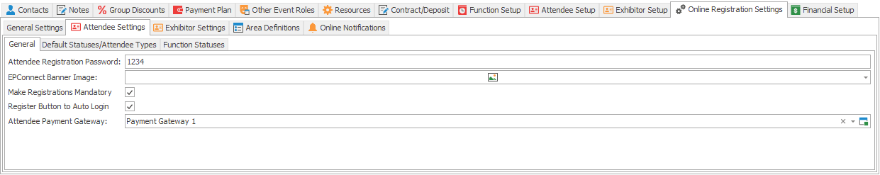 Screenshot of General tab under Attendee Settings in Online Registration Settings in Edit Event window. 