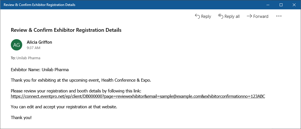 Email demonstrating Review Exhibitor link merge field with values pulled from Event. 