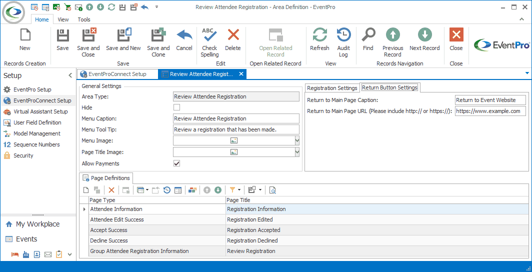 Screenshot of Return Button Settings in Review Attendee Registration Area Definition edit form. 