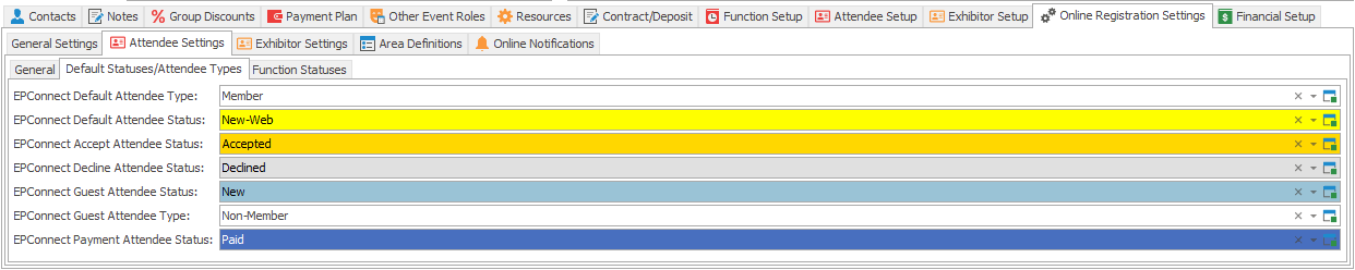 Default Statuses/Types tab under Attendee Settings in Edit Event Online Registration Settings. 