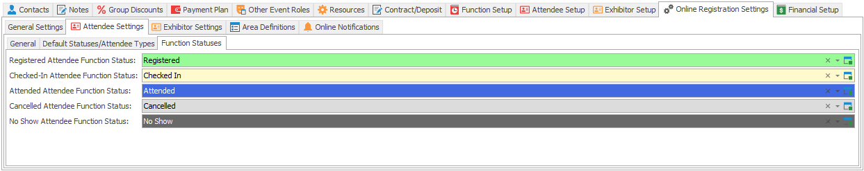 Function Statuses tab under Attendee Settings in Edit Event Online Registration Settings. 
