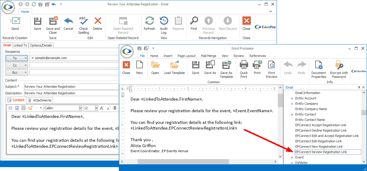 Screenshot of Email edit form and Word Processor, displaying EPConnect Attendee Registration Links in Merge Field selection panel. 