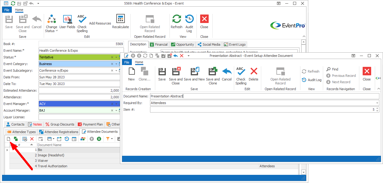 Screenshot of new Event Setup Attendee Document edit form opened from Edit Event window. 