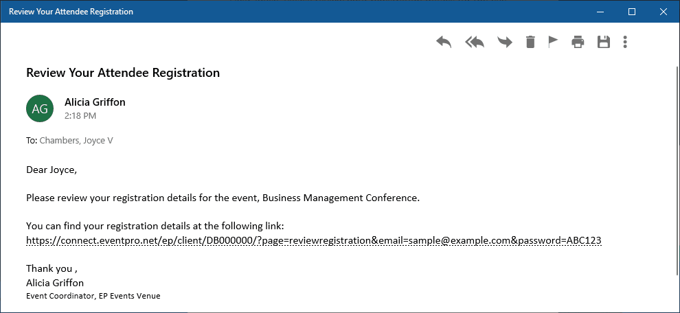 Screenshot of sample email demonstrating Review Attendee Registration Link merge field with values pulled from Event. 