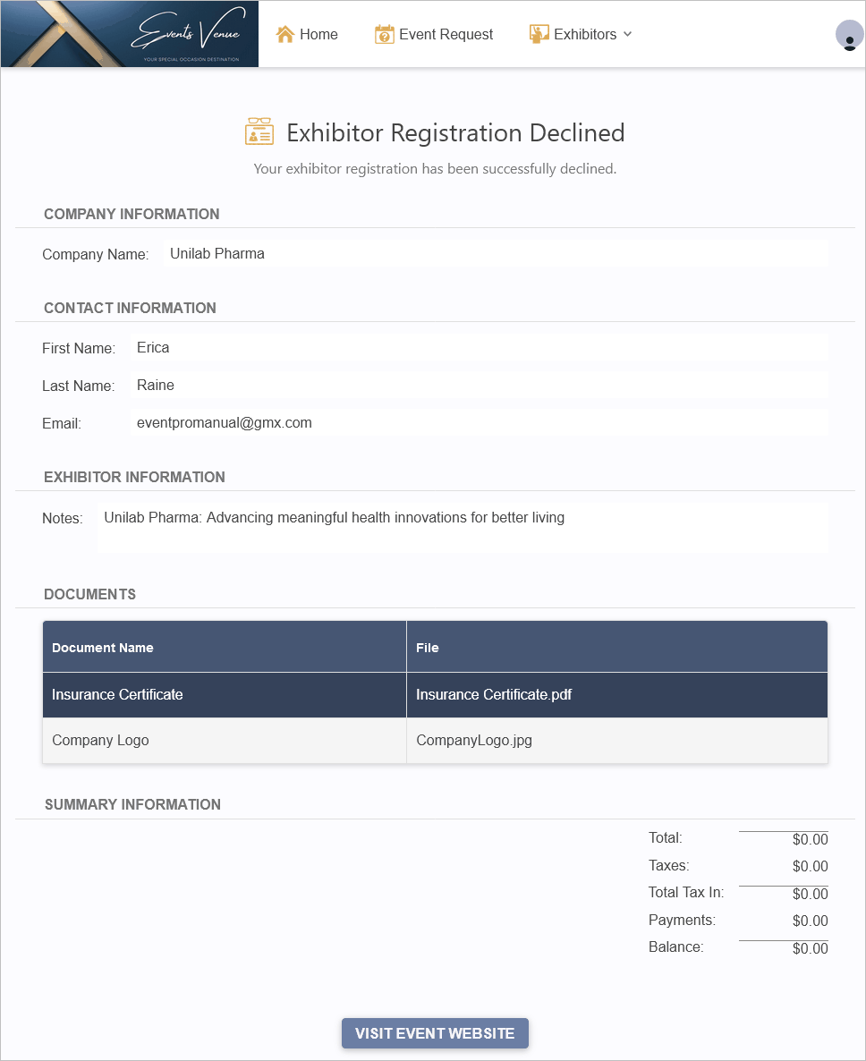 Screenshot of Exhibitor Registration Declined Success page of Editing Exhibitor wizard. 