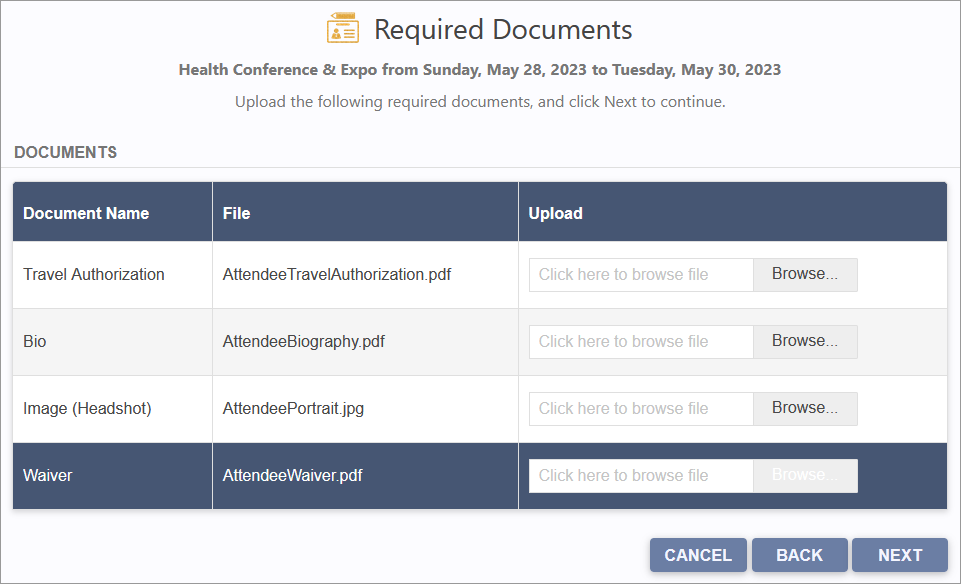 Example of required Attendee Documents in online registration wizard. 