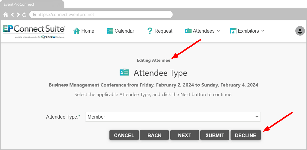 Screenshot of EPConnect Attendee Type page in Editing Attendee wizard online. 