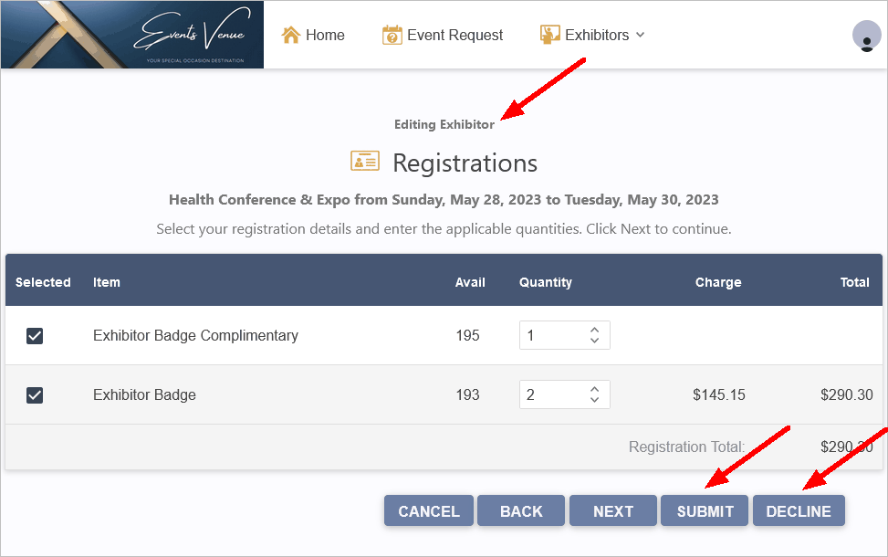 Screenshot of Editing Exhibitor Registration wizard with Submit and Decline buttons visible. 